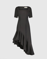 Black Crepe 3/4 Sleeve Asymmetrical Hem Dress